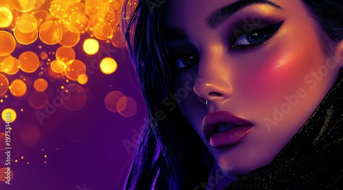 Elegant Portrait of a Woman with Glamorous Makeup and Glittering Background