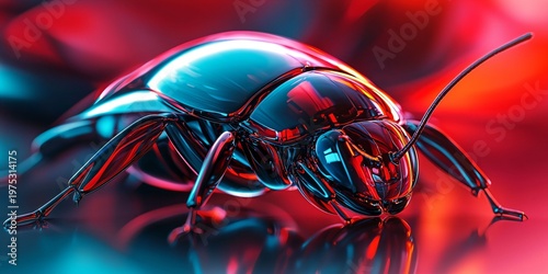 Abstract Metallic Insect with Vibrant Red and Blue Reflection