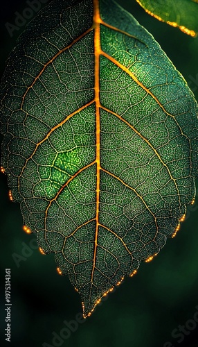 Close-up View of a Green Leaf with Detailed Vein Structure and Shine