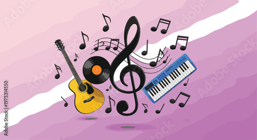 "Music Instruments Illustration with Guitar, Vinyl Record, and Piano Keys with Musical Notes for Music, Sound, and Audio Designs"