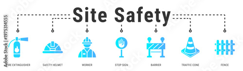 Site Safety banner illustrating essential safety equipment and warning elements to protect workers and maintain secure construction areas