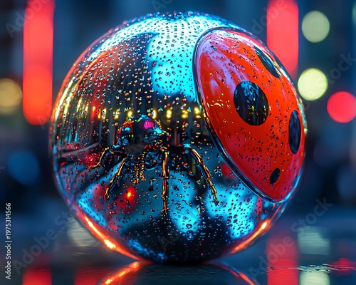 Intricate Reflection of a Spider in a Droplet Sphere at Night