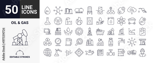 Oil and Gas line icons set editable stroke petroleum industry energy and fuel vector collection