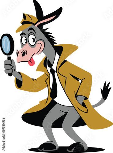 Silly Donkey Detective in Trench Coat and Tie with Magnifying Glass, Humorous Flat Vector Illustration of Animal Private Eye Character for Mystery and Investigation Design