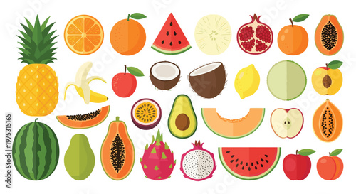 "Tropical and Exotic Fruits Illustration Set with Pineapple, Watermelon, Mango, Dragonfruit, and More for Healthy Eating, Nutrition, and Food Designs"