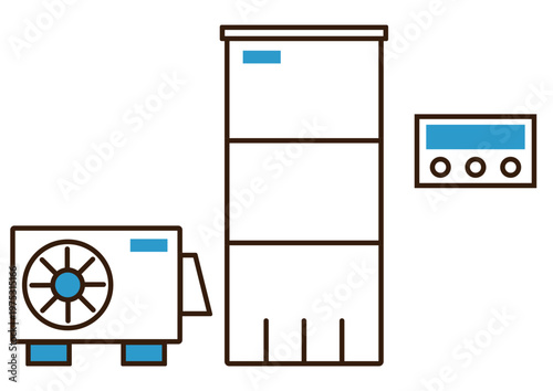 シンプルで主線ありの給湯機とリモコンのアイコンイラスト素材