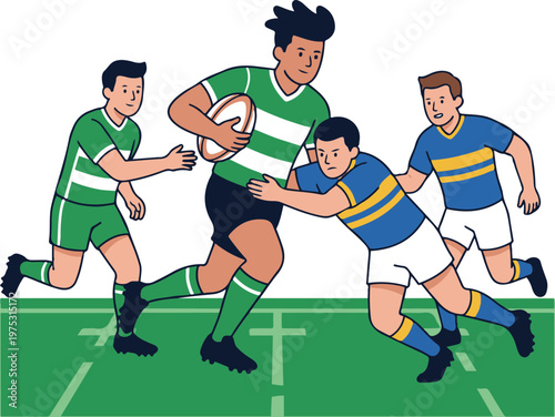 Flat vector illustration of rugby players in action on a field, with one player running with the ball while opponents attempt a tackle, depicting teamwork, strength, and competitive sports energy.