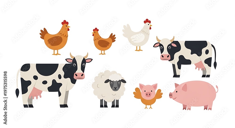 Fototapeta premium Bright Farm Animals Grazing Group with Cows Chickens Sheep Pig