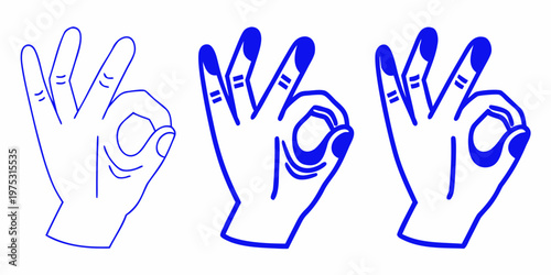 Three blue line art illustrations of hands making the ok sign