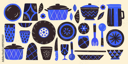 Stylized blue and black kitchenware arranged in a playful decorative pattern