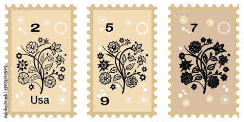 Vintage postage stamps with floral designs and numerical values displayed