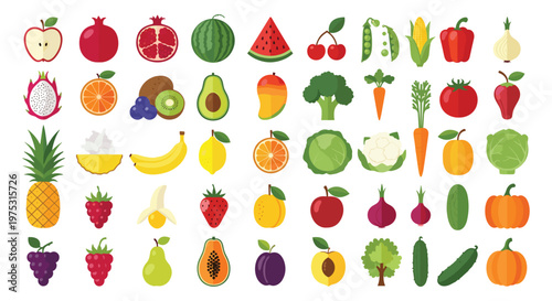 "Variety of Fresh Fruits and Vegetables Illustration Set with Pineapple, Mango, Carrot, Watermelon, and More for Healthy Eating, Nutrition, and Food Designs"