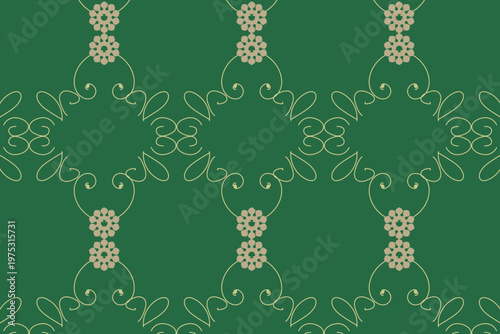 Deep forest green floral scroll seamless pattern in romantic style with cream botanical outlines ideal for fashion textiles