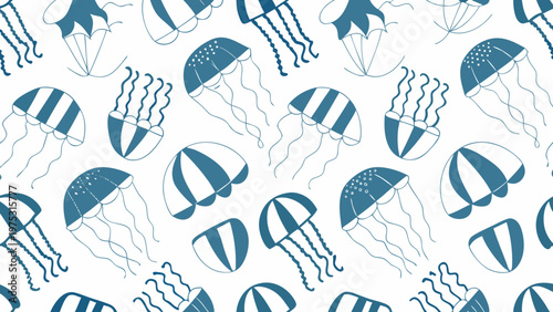 Seamless pattern featuring stylized blue and white striped jellyfish illustrations