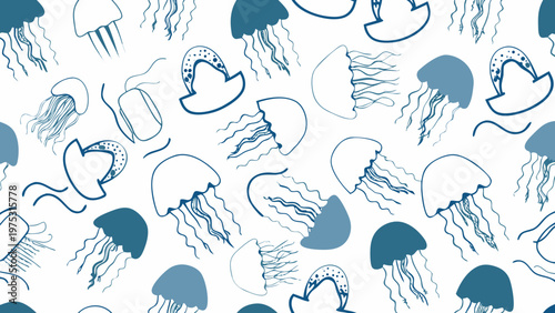 Seamless pattern featuring hand drawn blue jellyfish on a white background