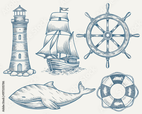 Nautical illustration featuring a lighthouse ship whale helm and lifebuoy