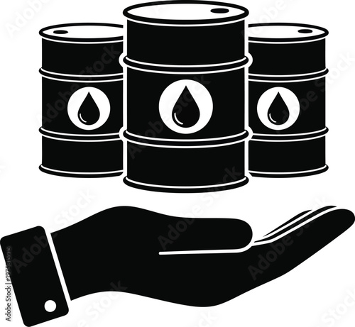 Human hand holds three oil barrels representing energy resources and environmental industry concepts.