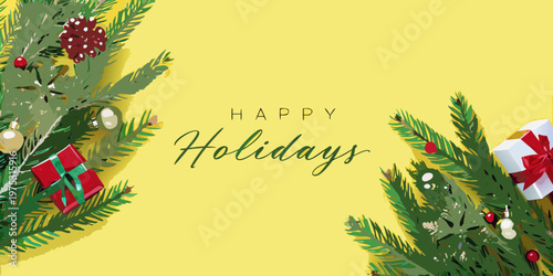 Festive holiday greetings with evergreen branches and gift boxes