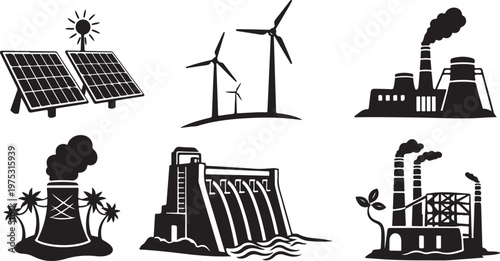 Renewable Energy Sources and Industrial Power Generation Icons Set
