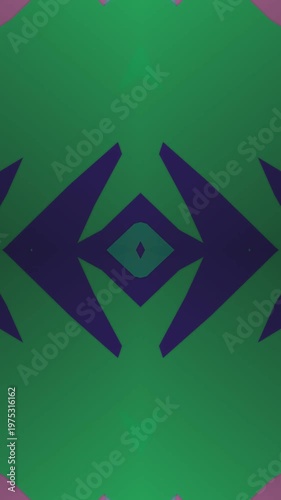 Vibrant Green and Purple Abstract Geometric Pattern with Symmetrical Design and Gradient Glow Background