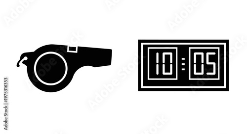 Sports whistle and digital scoreboard showing 10:05, symbolizing game time and competition