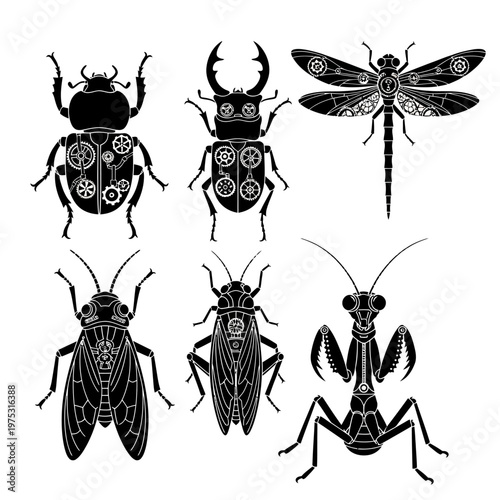 Steampunk Insects Silhouette Collection: Dragonfly, Beetle, Praying Mantis, Cicada