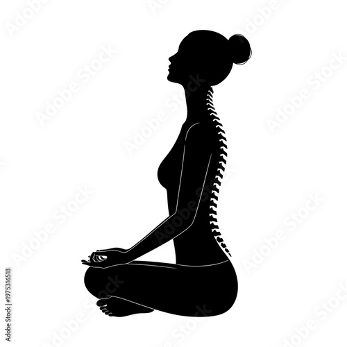 Silhouette of woman meditating with spine highlighted, promoting good posture and wellness
