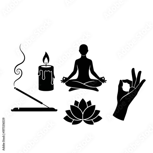Zen Meditation Symbols: Lotus, Candle, Incense, Yoga Pose, Mudra Hand