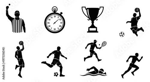 Sports Icons: Referee, Stopwatch, Trophy, Basketball, Soccer, Tennis, Swimming, Runner