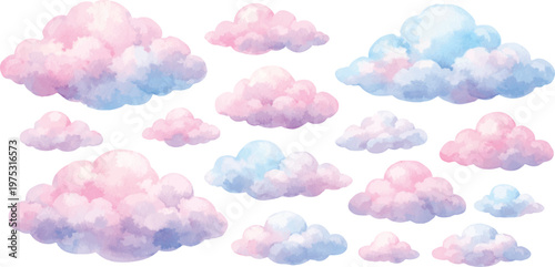 A watercolor collection of soft pastel clouds featuring fluffy sky clouds in pink, blue, and purple tones in a dreamy atmospheric style isolated on white background.