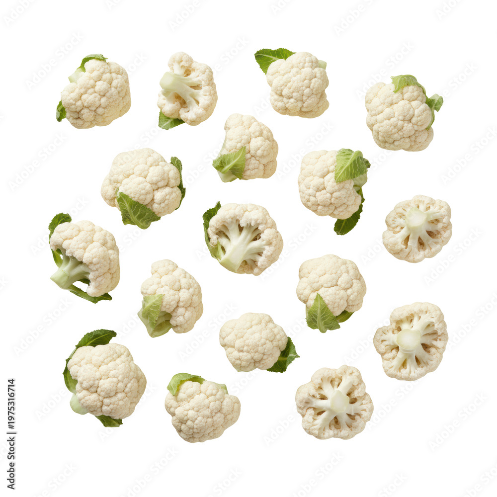 Fototapeta premium Fresh raw cauliflower florets with vibrant green leaves scattered on a transparent surface in a flat lay perspective, healthy eating culinary concept