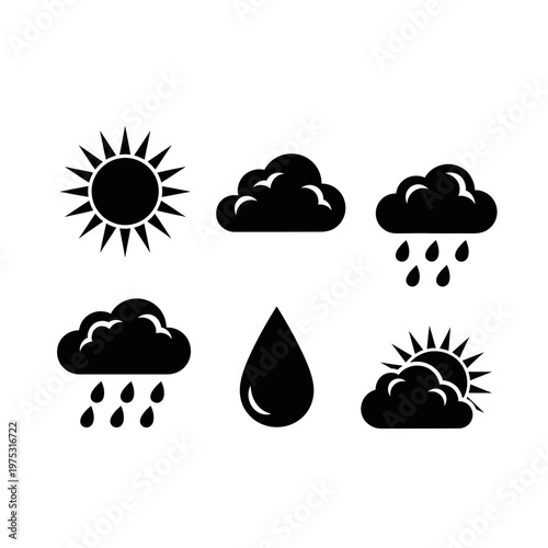 Weather Icons: Sun, Clouds, Rain, and Storm Symbols