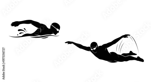 Two swimmers in silhouette performing freestyle stroke in water, dynamic action shot