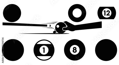 Billiard Cue Strikes Ball, Pool Table Game with Numbered Balls, Sports Concept