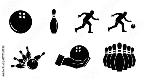 Bowling Icons Set: Ball, Pins, Player Silhouette, Strike, Hand Holding Ball