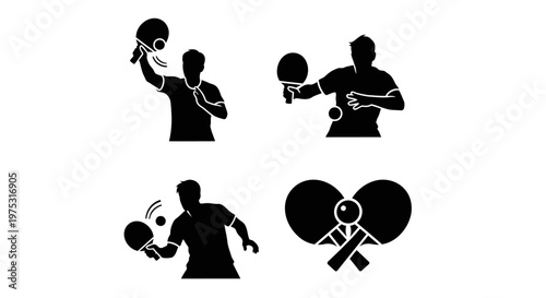 Table Tennis Player Silhouette Icons: Serve, Forehand, Backhand, and Equipment