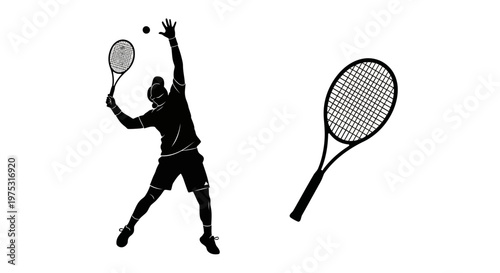 Tennis Player Silhouette Serving Ball with Racquet