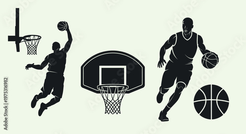 Basketball Player Silhouette Dunking and Dribbling with Hoop and Ball