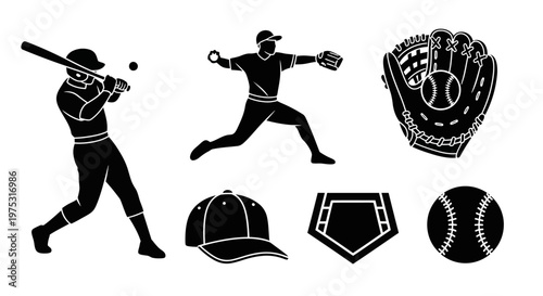 Baseball Player Silhouette Icons: Batter, Pitcher, Catcher's Mitt, Cap, Home Plate, Ball