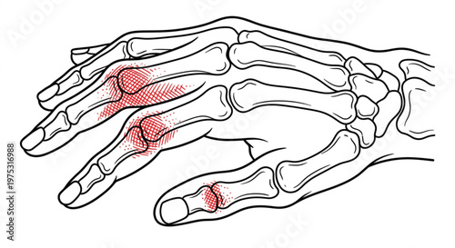 Human Hand Bone Anatomy with Joint Inflammation (Arthritis) Line Art