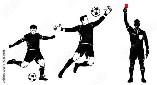 Soccer Player Kicking Ball, Goalkeeper Jumping, Referee Showing Red Card - Action Trio