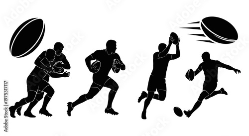 Rugby Players Silhouettes: Action Shots of Game Play, Tackling, Running, Catching, Kicking