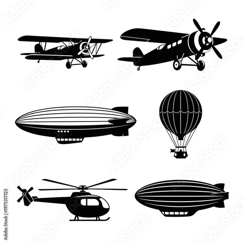 Vintage Aircraft and Airships Collection: Biplane, Helicopter, Blimp, Hot Air Balloon, Airplane