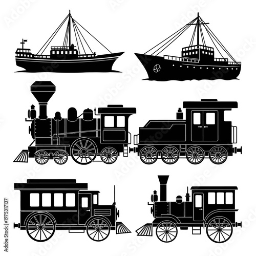 Vintage Transportation Silhouettes: Trains and Ships Collection