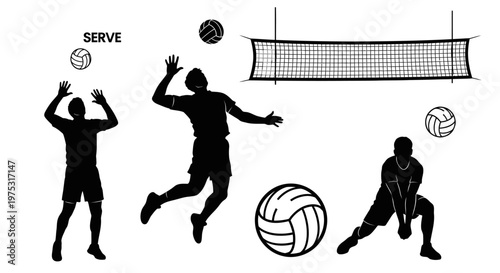 Volleyball players silhouette in action: serving, jumping, and digging. Net and balls.