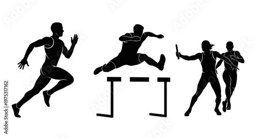 Athletes Silhouette: Running, Hurdling, and Relay Race in Track and Field Competition