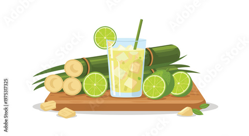Refreshing glass of sugarcane juice with ice cubes lime slices and sugarcane stalks on a wooden board for a healthy tropical drink.
