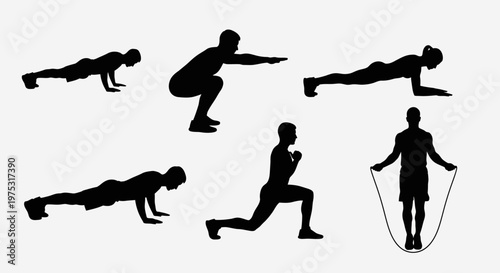 Silhouette of people doing various exercises: push-ups, squats, plank, lunge, jumping rope.