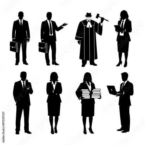 Diverse Legal Professionals Silhouettes: Lawyers, Judge, and Business People