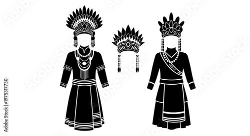 Traditional Ethnic Costumes: Male and Female Outfits with Elaborate Headdresses